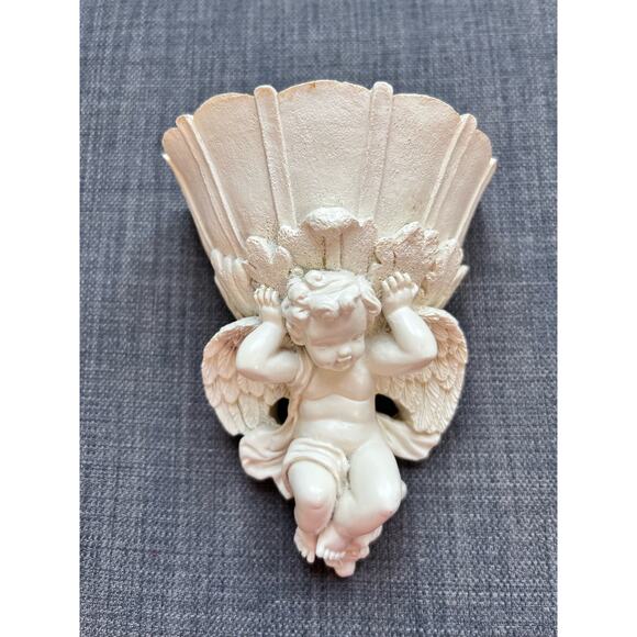 Vintage Wall Mounted Decor Resin Wall Pocket Cherub Angel Wings Cream - Picture 1 of 7